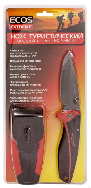 Нож походный складной 20 см ECOS EX-SHB01R в чехле, двухкомпонентная рукоятка, черно-красный