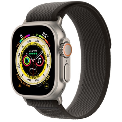 Умные часы Apple Watch Ultra LTE 49 мм (титановый корпус, титановый/черно-серый, нейлоновый ремешок размера M/L) - фото