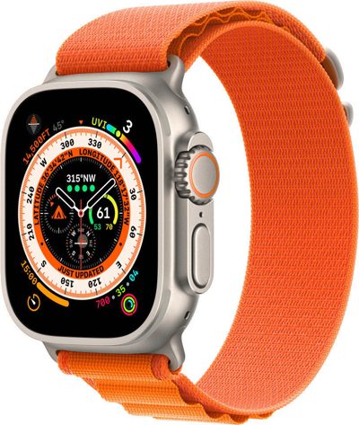 Смарт-часы Apple Watch Ultra LTE 49 мм (титановый корпус, титановый/оранжевый, текстильный ремешок размера M) - фото
