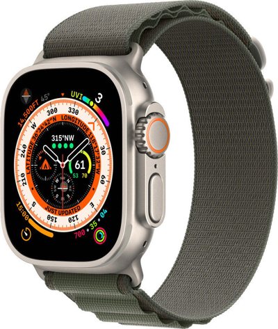 Смарт-часы Apple Watch Ultra LTE 49 мм (титановый корпус, титановый/темно-зеленый, текстильный ремешок размера M) - фото
