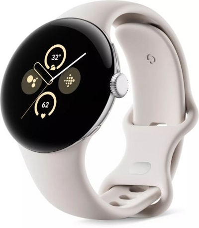 Умные часы Google Pixel Watch 2 LTE (глянцевый серебристый/фарфор, спортивный силиконовый ремешок) - фото